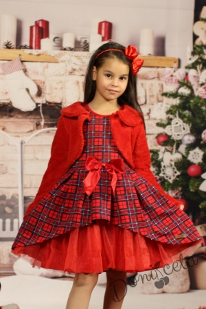 Официална детска рокля в каре с дълъг ръкав с пухкаво болеро в червено 5