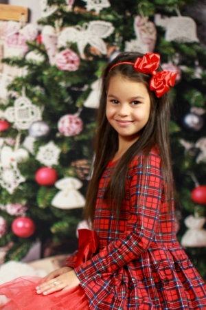 Официална детска рокля в каре с дълъг ръкав с пухкаво болеро в червено 7