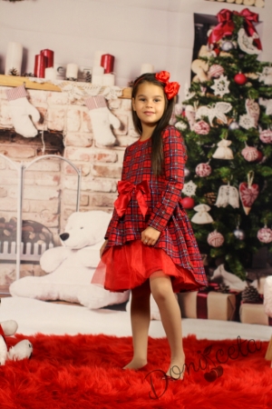 Официална детска рокля в каре с дълъг ръкав с пухкаво болеро в червено 9