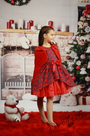  Официална детска рокля в каре с дълъг ръкав с пухкаво болеро в червено 13