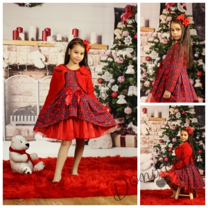 Официална детска рокля в каре с дълъг ръкав с пухкаво болеро в червено 1