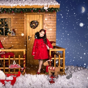 Зимно детско палто в червено с качулка за момиче
