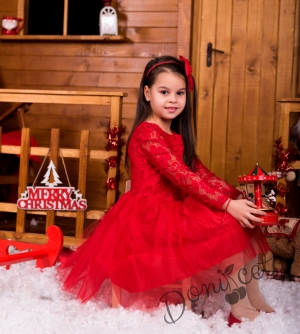 Официална детска рокля с дълъг ръкав Крис в червено с дантела и тюл