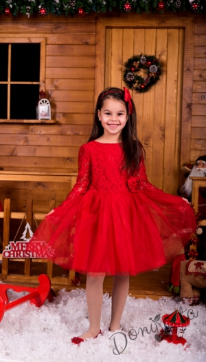 Официална детска рокля с дълъг ръкав Крис в червено с дантела и тюл