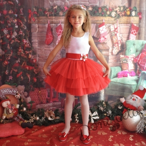Официална детска рокля в бяло с червен тюл