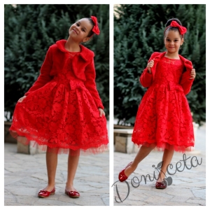 Официална детска рокля от бутикова дантела в червено с  пухкаво болеро в червено