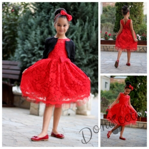 Официална детска рокля от бутикова дантела в червено с болеро в черно