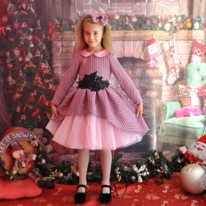 Официална детска рокля с дълъг ръкав  и тюл в лилаво