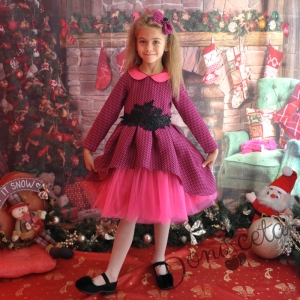 Официална детска рокля с дълъг ръкав  и тюл в циклама