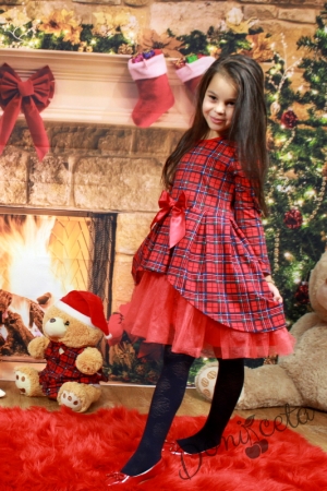 Детска каре рокля с тюл и панделка в червено