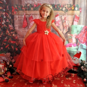 Официална детска дълга рокля в червено с дантела и тюл с голяма панделка