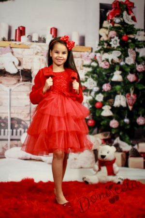 Комплект от официална детска рокля от релефна бутикова дантела и тюл със пухкаво болеро