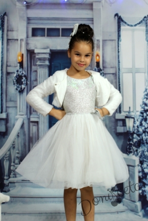 Коледна официална детска рокля с тюл в бяло и сребристо с пухкаво болеро в бяло Снежана