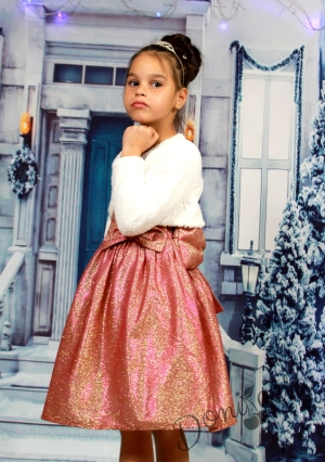 Коледна официална детска рокля в пепел от рози с блясък с пухкаво болеро в бяло