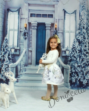 Коледна детска рокля с дълъг ръкав в екрю със зимна картинка