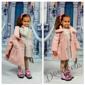 Комплект от детска рокля с дълъг ръкав с чантичка и палто в розово