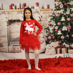 Коледна ватирана детска рокля с тюл в червено и еленче Севтекс