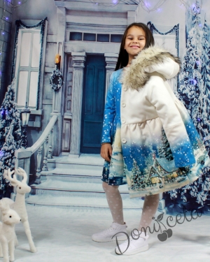 Зимно палто с качулка със зимна картинка за момиче