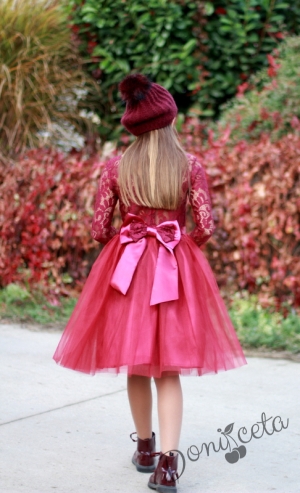 Комплект от официална детска рокля в бордо от дантела и тюл с дълъг ръкав и палто 