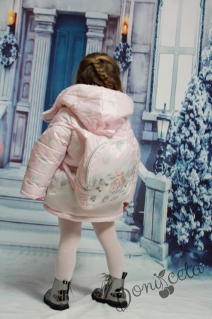 Детско зимно яке в розово в комплект с раничка