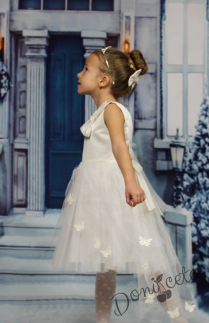 Официална детска рокля в екрю с тюл и шлейф с пеперудки