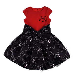 Детска рокля с къс ръкав с ноти в червено и черно 2