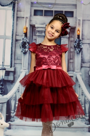 Официална детска рокля в бордо от дантела