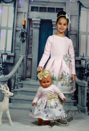 Официална детска рокля с дълъг ръкав в розово със зимна картинка