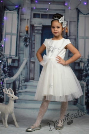 Празнична детска рокля в екрю със сребристи балеринки и тюл