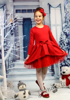 Детска коледна рокля с дълъг ръкав в червено Надежда с тюл