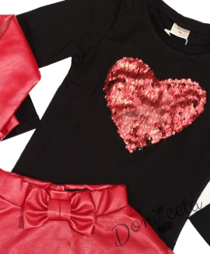 Комплект от 3 части-детска кожена пола  в червено, блузка в черно и кожено яке