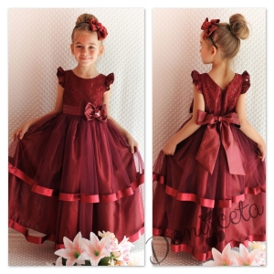 Официална детска дълга рокля в бордо до земята за принцеси
