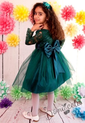 Официална детска рокля с дълъг ръкав с дантела и тюл в тъмно зелено с голяма панделка