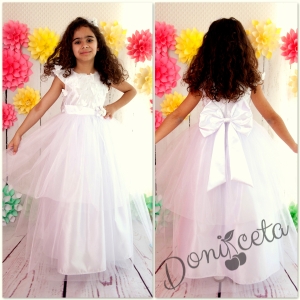 Официална дълга детска рокля в бяло  с тюл и с голяма панделка с 3D пеперуди  Ан