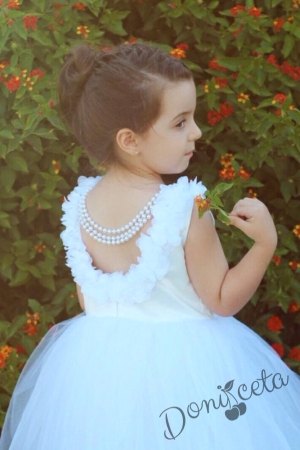Официална детска дълга рокля  в бяло с шлейф  и 3D розички Алла