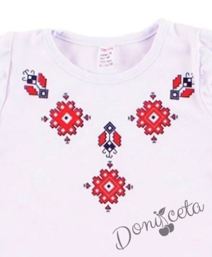 Детски комплект от 3 части - тениска/блузка с къс ръкав с фолклорни/етно мотиви, туту пола и болеро в червено