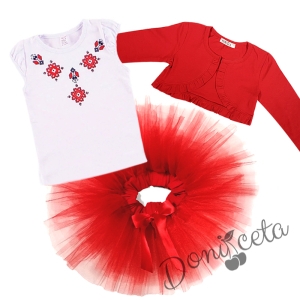 Детски комплект от 3 части - тениска/блузка с къс ръкав с фолклорни/етно мотиви, туту пола и болеро в червено