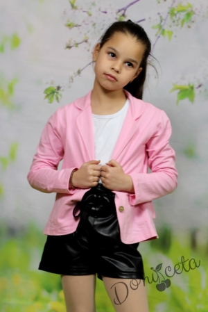 Комплект Дари от къси кожени панталони за момиче в черно с памучно сако в розово 6