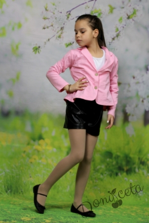 Комплект Дари от къси кожени панталони за момиче в черно с памучно сако в розово 7