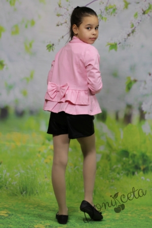 Комплект Дари от къси кожени панталони за момиче в черно с памучно сако в розово 8