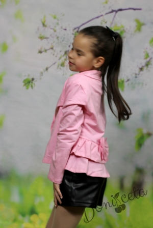 Комплект Дари от къси кожени панталони за момиче в черно с памучно сако в розово 12