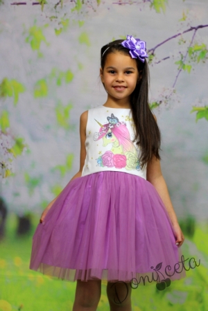 Детска рокля  без ръкав с  пони/еднорог и тюл в лилаво