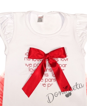 Детски комплект от 3 части - тениска/блузка с къс ръкав със сърце и сатенена панделка отпред,туту пола и болеро в червено