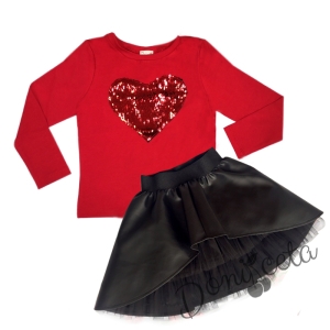 Комплект Дари от кожена пола в черно и блузка със сърце от пайети в червено