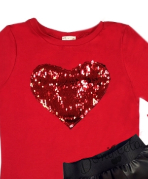 Комплект Дари от кожена пола в черно и блузка със сърце от пайети в червено