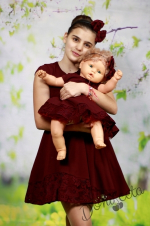 Официална детска рокля Рая в бордо с дантела от едната страна 