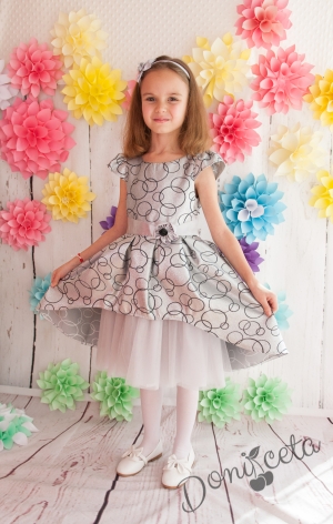 Официална детска рокля  Сребърна принцеса с къс ръкав  в сребристо с тюл 