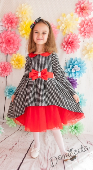 Официална детска или бебешка рокля с дълъг ръкав с каре и тюл в червено Теодора 