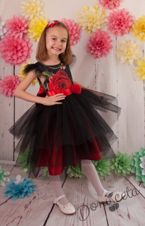 Официална детска  рокля Глория в  черно и цветя с голяма червена панделка отзад
