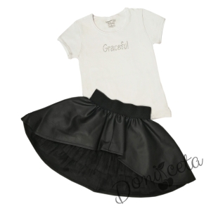 Детски комплект Дари от 2 части - тениска/блузка с къс ръкав и кожена пола в черно с тюл